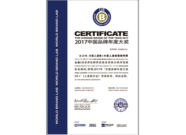 China Brand Annual Grand Award – Number One in Wood-Based Panel Industry